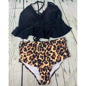 Womens Ruffle Bikini Swimsuit High Waisted Bottom Swimwear Leopard M